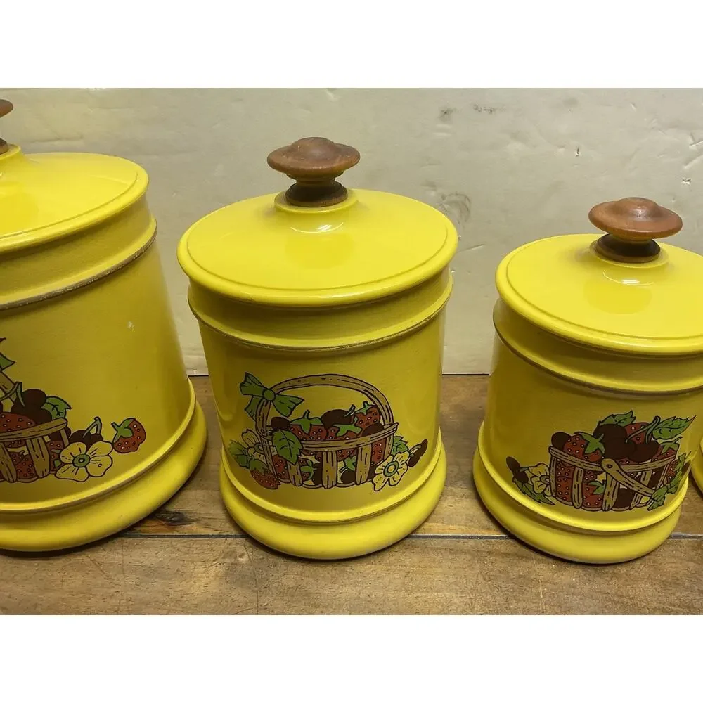 Vtg 70s Kromex Yellow Fruit Basket Aluminum Kitchen Canister Set